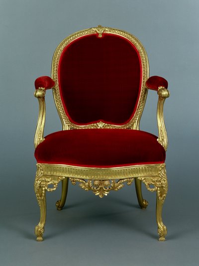 ジョージIIIアームチェア、1770年頃（布張りの金箔木） 作： Thomas Chippendale